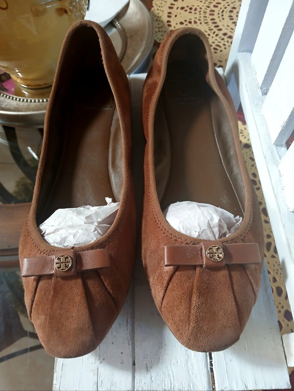 Tory Burch Chestnut Suede Ballet Flats with Leather Logo Bow